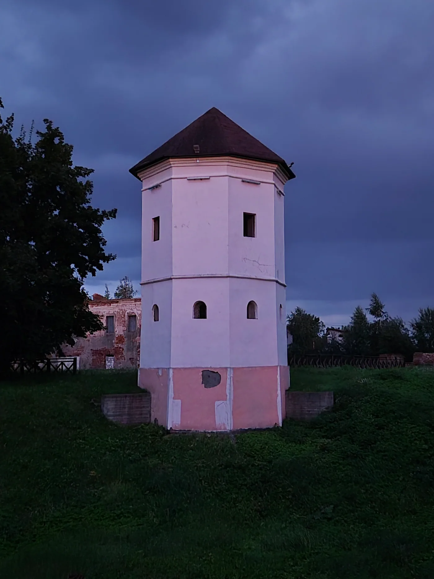 Historic tower at blue hour in Bykhov