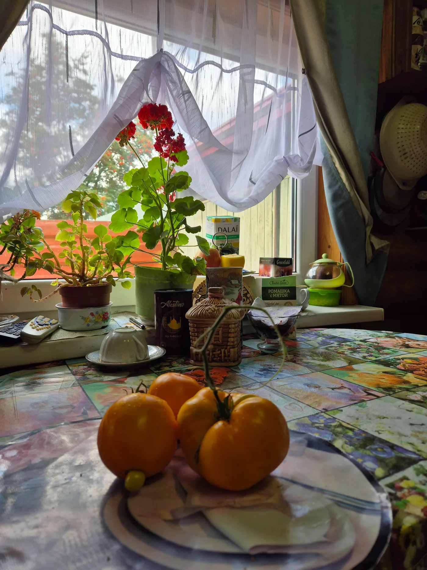 A lived-in kitchen table beside a bright window